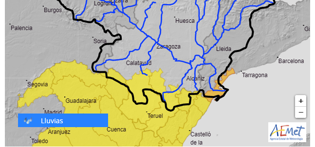 AVISO HIDROLÓGICO-La CHE intensifica la vigilancia en áreas de las provincias de Guadalajara, Zaragoza, Teruel, Castellón y Tarragona por lluvias intensas que pueden provocar crecidas súbitas importantes en barrancos y cauces menores