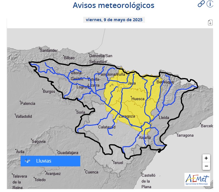 Como consecuencia de los avisos de la AEMET de lluvias intensas de al menos 15 l/m2 en 1 hora, la CHE advierte de la posibilidad de crecidas súbitas importantes en el norte de Aragón